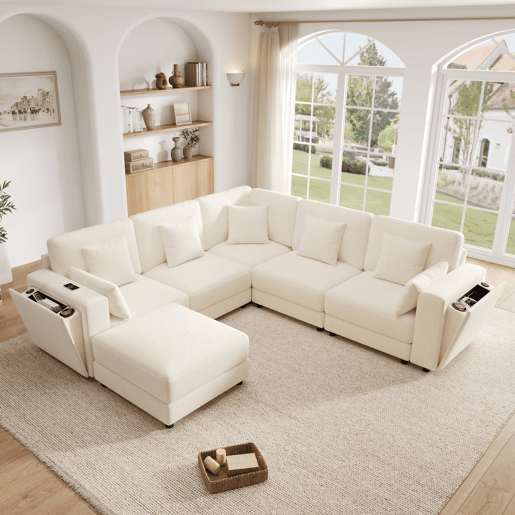 Sofá modular 6 lugares fixa panorâmico de tecido,bege Sofá modular 6 lugares fixa panorâmico de tecido,bege