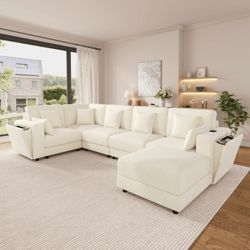 Sofá modular 6 lugares fixa panorâmico de tecido,bege Sofá modular 6 lugares fixa panorâmico de tecido,bege