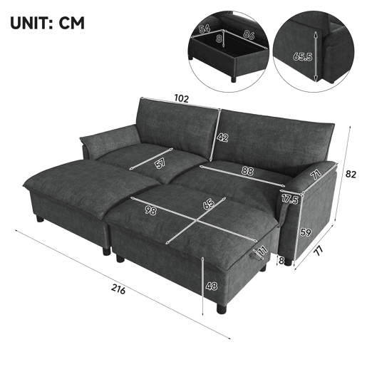 Sofá modular 4 lugares fixa panorâmico de tecido,cinza Sofá modular 4 lugares fixa panorâmico de tecido,cinza