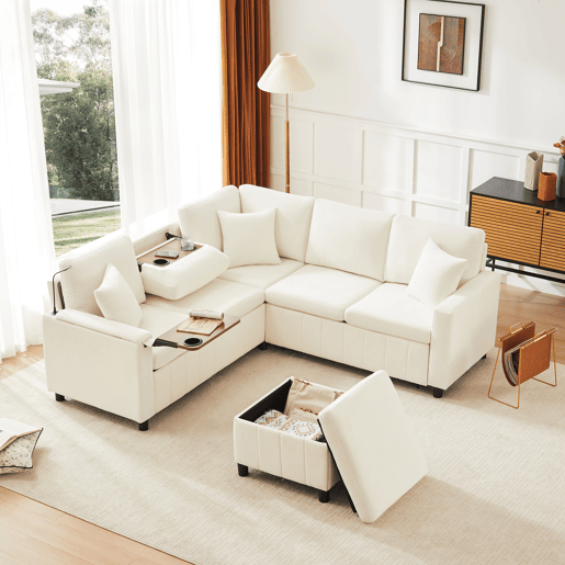 Sofá modular 4 lugares fixa panorâmico de tecido,bege Sofá modular 4 lugares fixa panorâmico de tecido,bege