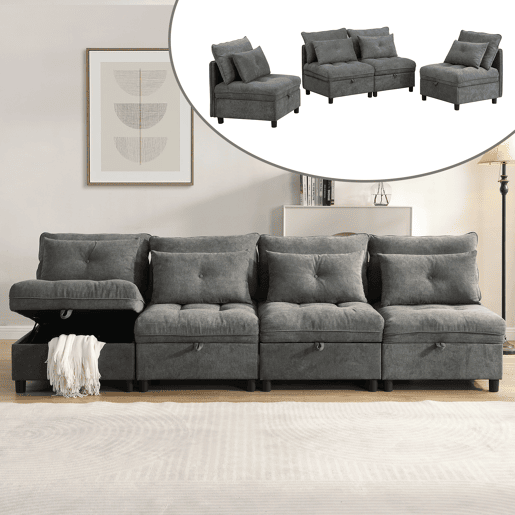 Sofá modular 4 lugares fixa de tecido,cinza
