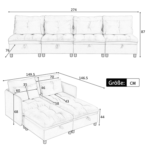 Sofá modular 4 lugares fixa de tecido,cinza