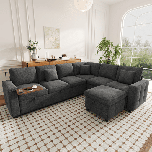 Sofá modular 6 lugares fixa panorâmico de tecido,cinza Sofá modular 6 lugares fixa panorâmico de tecido,cinza