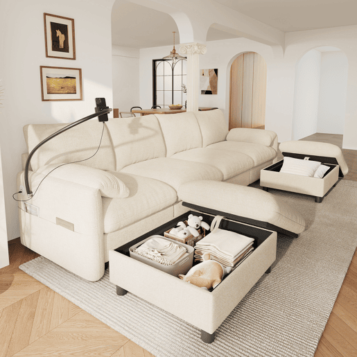 Sofá modular 6 lugares fixa panorâmico de tecido,bege