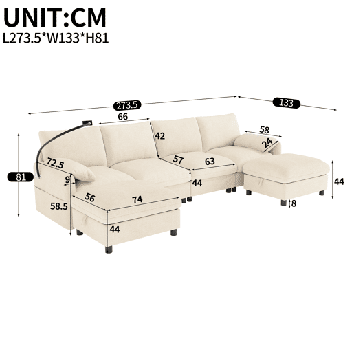 Sofá modular 6 lugares fixa panorâmico de tecido,bege