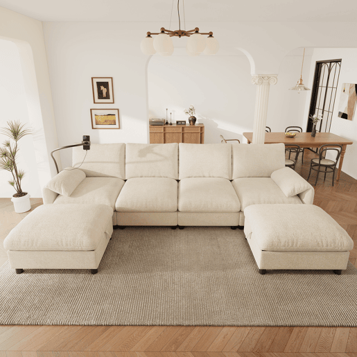 Sofá modular 6 lugares fixa panorâmico de tecido,bege