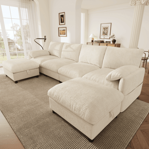 Sofá modular 6 lugares fixa panorâmico de tecido,bege