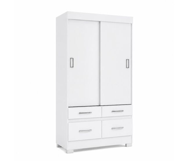 Armario puertas correderas y 4 cajones elias, blanco , 109,5 x 48,5 x 200,5 cm , armario puertas correderas blanco con cuatro cajones, barra colgadora