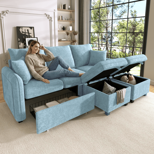 Sofá modular 3 lugares fixa panorâmico de tecido,azul