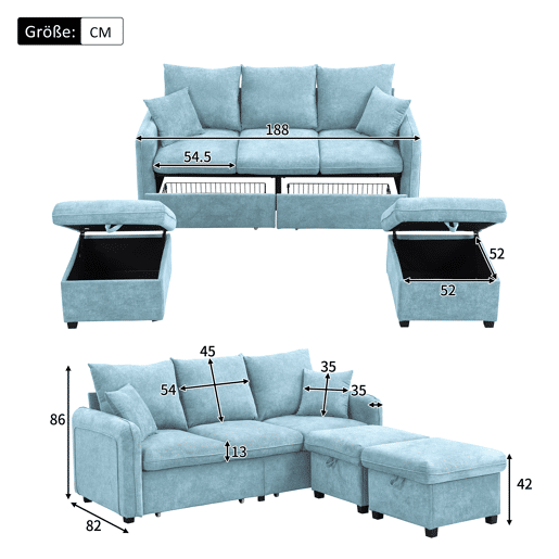 Sofá modular 3 lugares fixa panorâmico de tecido,azul