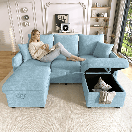 Sofá modular 3 lugares fixa panorâmico de tecido,azul