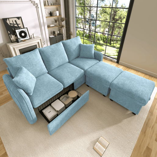 Sofá modular 3 lugares fixa panorâmico de tecido,azul