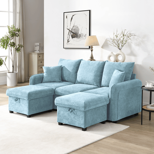 Sofá modular 3 lugares fixa panorâmico de tecido,azul