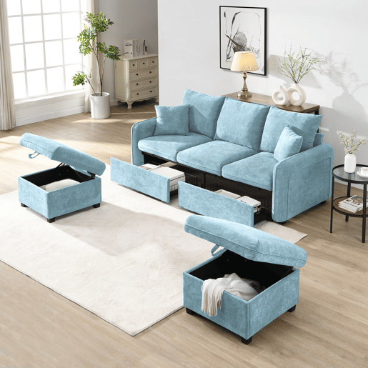 Sofá modular 3 lugares fixa panorâmico de tecido,azul