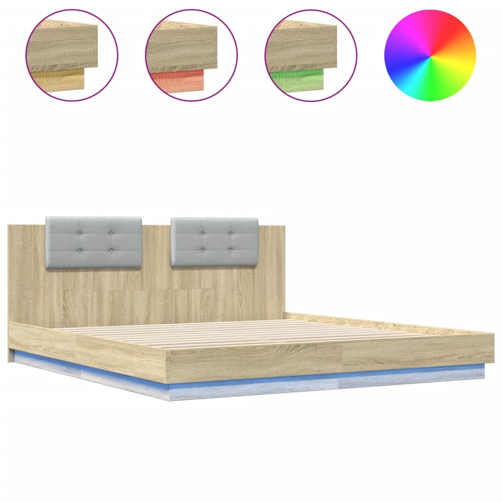 Estructura de cama matrimonial moderno con cabecero luces led roble sonoma 200x200 cm