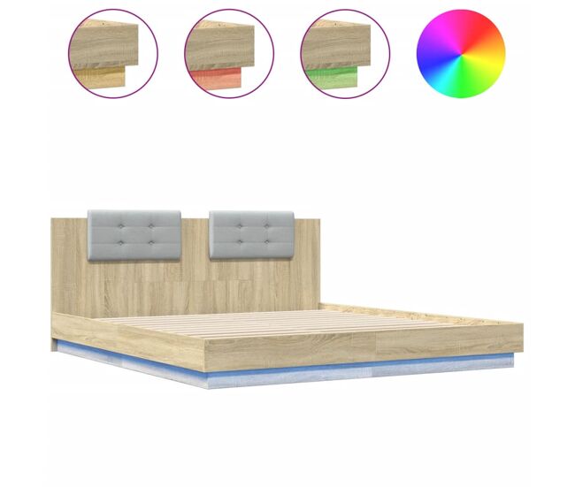 Estructura de cama matrimonial moderno con cabecero luces led roble sonoma 200x200 cm