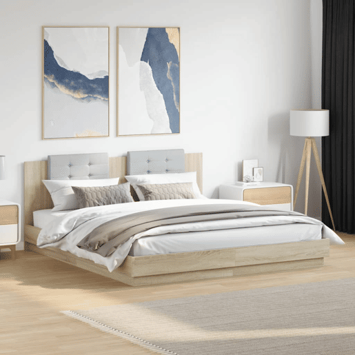 Estrutura Cama de casal simple c cabeceiraluzes LED 200x200cm carvalho sonoma