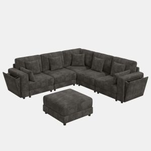 Sofá modular 6 lugares fixa panorâmico de tecido,cinza