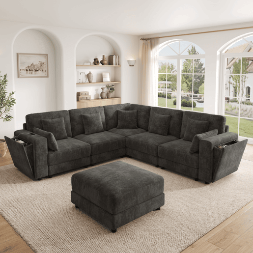 Sofá modular 6 lugares fixa panorâmico de tecido,cinza Sofá modular 6 lugares fixa panorâmico de tecido,cinza
