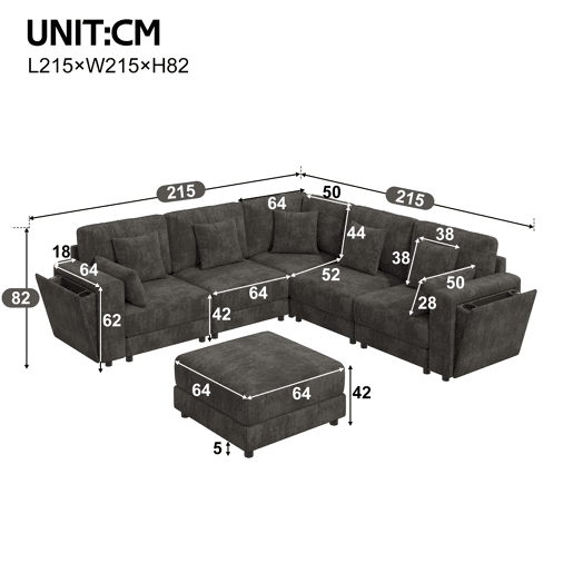 Sofá modular 6 lugares fixa panorâmico de tecido,cinza Sofá modular 6 lugares fixa panorâmico de tecido,cinza