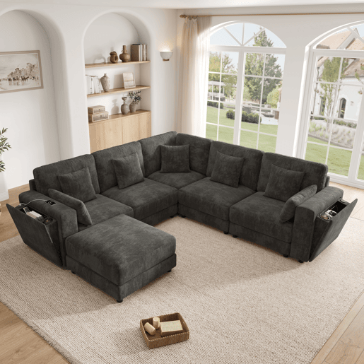 Sofá modular 6 lugares fixa panorâmico de tecido,cinza Sofá modular 6 lugares fixa panorâmico de tecido,cinza