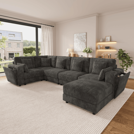 Sofá modular 6 lugares fixa panorâmico de tecido,cinza Sofá modular 6 lugares fixa panorâmico de tecido,cinza