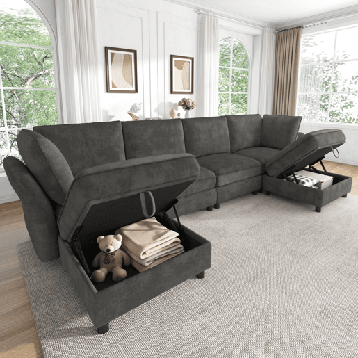 Sofá modular 6 lugares fixa panorâmico de tecido,cinza Sofá modular 6 lugares fixa panorâmico de tecido,cinza