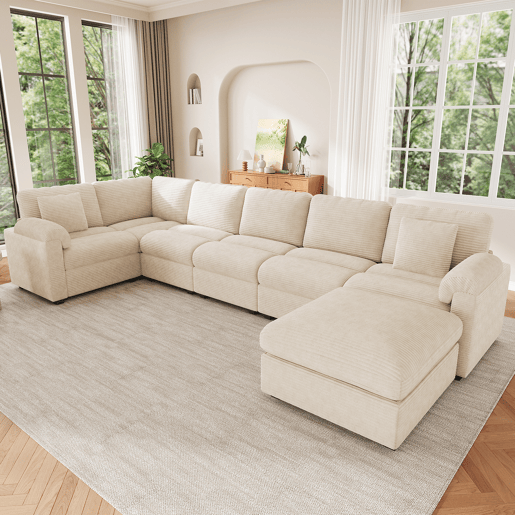 Sofá modular 7 lugares fixa panorâmico de tecido,bege Sofá modular 7 lugares fixa panorâmico de tecido,bege