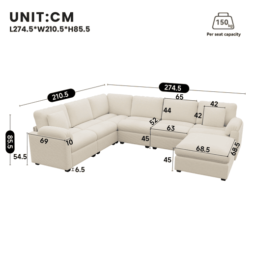 Sofá modular 7 lugares fixa panorâmico de tecido,bege Sofá modular 7 lugares fixa panorâmico de tecido,bege