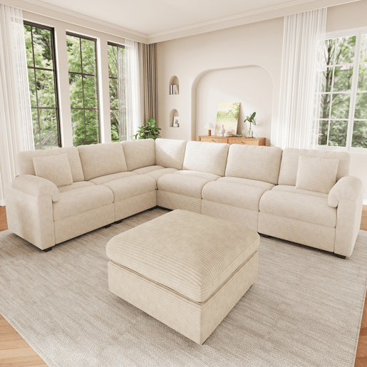 Sofá modular 7 lugares fixa panorâmico de tecido,bege Sofá modular 7 lugares fixa panorâmico de tecido,bege