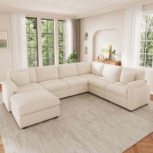 Sofá modular 7 lugares fixa panorâmico de tecido,bege Sofá modular 7 lugares fixa panorâmico de tecido,bege
