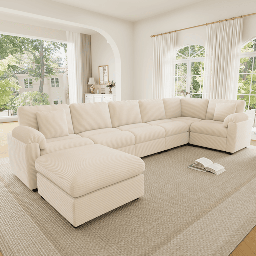 Sofá modular 7 lugares fixa panorâmico de tecido,bege Sofá modular 7 lugares fixa panorâmico de tecido,bege