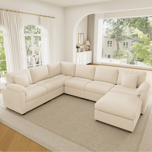 Sofá modular 7 lugares fixa panorâmico de tecido,bege Sofá modular 7 lugares fixa panorâmico de tecido,bege