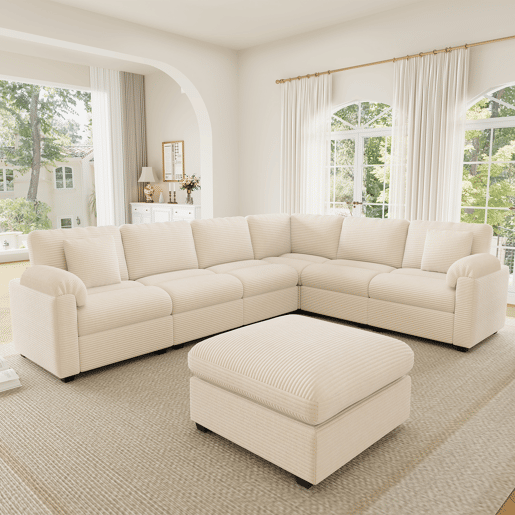 Sofá modular 7 lugares fixa panorâmico de tecido,bege Sofá modular 7 lugares fixa panorâmico de tecido,bege