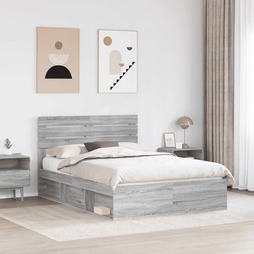 Estrutura da Cama de casal simple com cabeceira Cinza Sonoma 150 x 200 cm Estrutura da Cama de casal simple com cabeceira Cinza Sonoma 150 x 200 cm