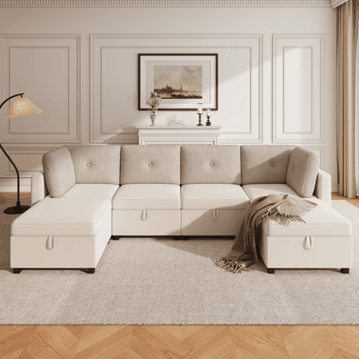 Sofá modular 6 lugares fixa panorâmico de veludo,bege Sofá modular 6 lugares fixa panorâmico de veludo,bege
