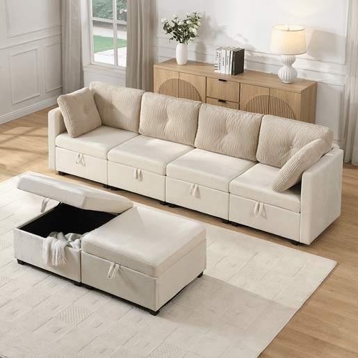 Sofá modular 6 lugares fixa panorâmico de veludo,bege Sofá modular 6 lugares fixa panorâmico de veludo,bege