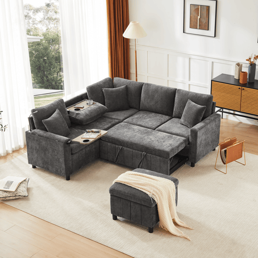 Sofá modular 4 lugares fixa panorâmico de tecido,cinza