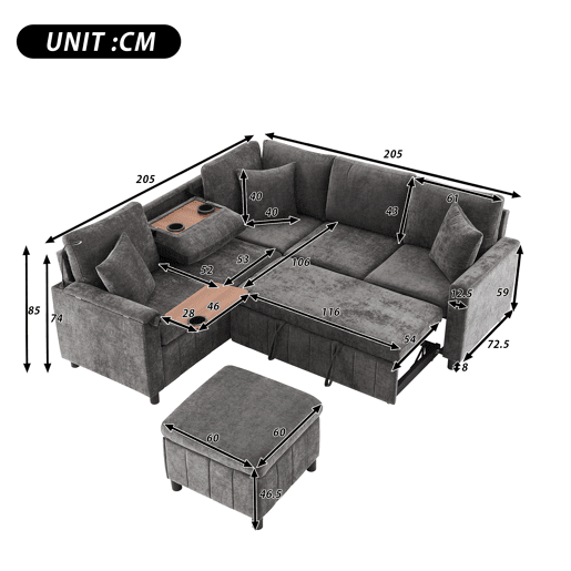 Sofá modular 4 lugares fixa panorâmico de tecido,cinza