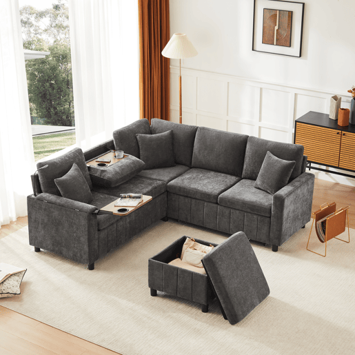 Sofá modular 4 lugares fixa panorâmico de tecido,cinza