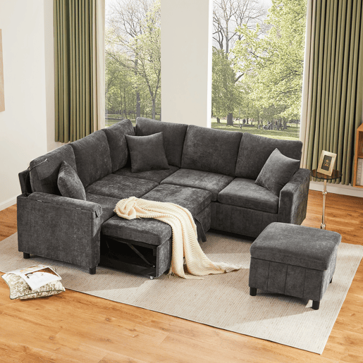 Sofá modular 4 lugares fixa panorâmico de tecido,cinza