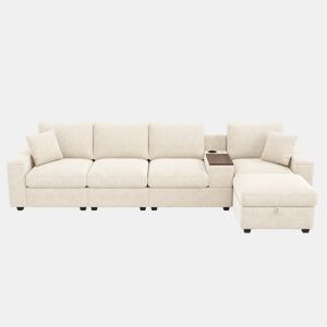 Sofá modular 5 lugares fixa reversível de tecido,bege