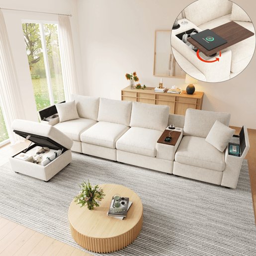 Sofá modular 5 lugares fixa reversível de tecido,bege