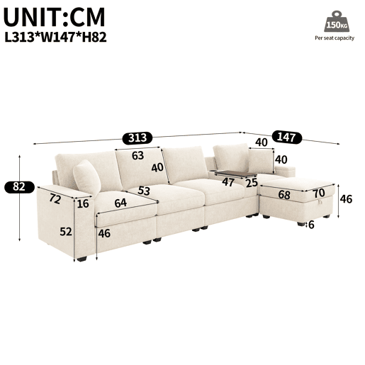 Sofá modular 5 lugares fixa reversível de tecido,bege