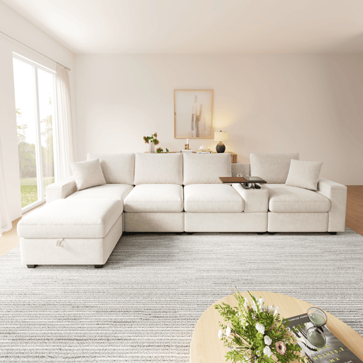 Sofá modular 5 lugares fixa reversível de tecido,bege