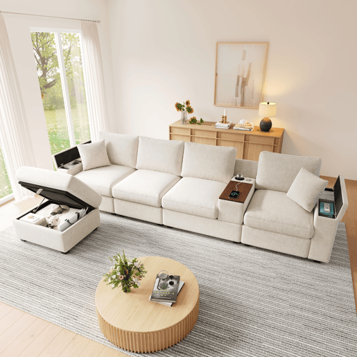 Sofá modular 5 lugares fixa reversível de tecido,bege