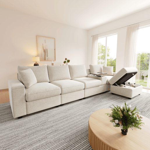 Sofá modular 5 lugares fixa reversível de tecido,bege