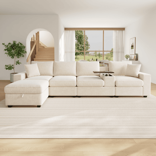 Sofá modular 5 lugares fixa reversível de tecido,bege