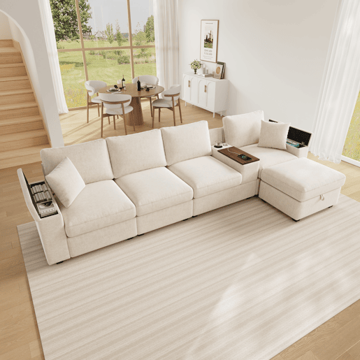 Sofá modular 5 lugares fixa reversível de tecido,bege