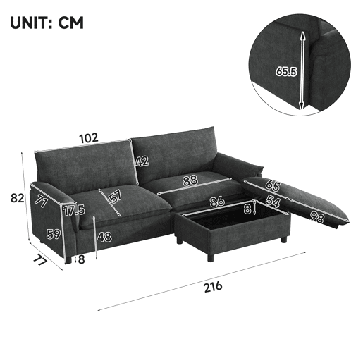 Sofá modular 3 lugares fixa reversível de tecido,cinza Sofá modular 3 lugares fixa reversível de tecido,cinza